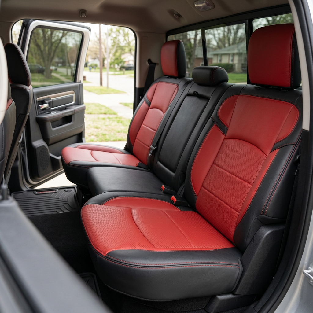 Rear in-cabin view of a 2019–2026 RAM 2500/3500 featuring a Leatherteck rear bench seat upholstery kit in black with perforated red inserts, red accents, and contrast stitching, showing the split rear bench with headrests, rear seatbelts and buckles, the open rear door and door panel, and a black all-weather floor mat.