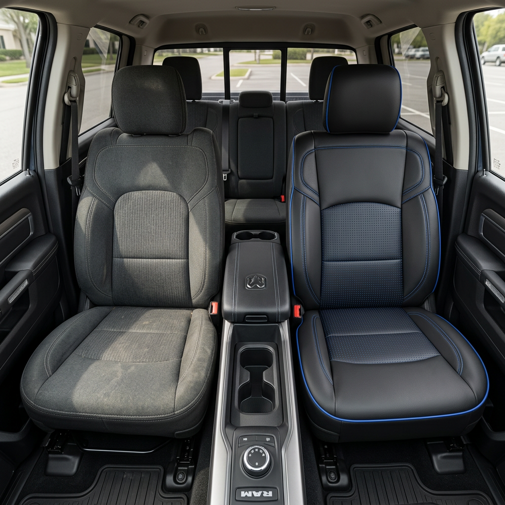  Before-and-after front in-cabin view of a 2019–2026 RAM 2500/3500 split down the middle: the left shows the factory gray cloth front seat, while the right shows the upgraded Leatherteck leather upholstery in black with square-perforated blue inserts, cobalt blue contrast stitching, and cobalt blue edge piping, with the center console/cupholders and rear bench seat visible in the background.
