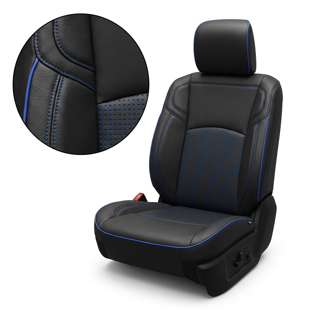  Close-up product image of a 2019–2026 RAM 2500/3500 Leatherteck leather seat upholstery kit in black with square-perforated blue center inserts, cobalt blue contrast stitching, and cobalt blue edge piping, shown on a white background with a circular zoom inset highlighting the leather grain, perforation pattern, piping, and double-stitched seam detail.