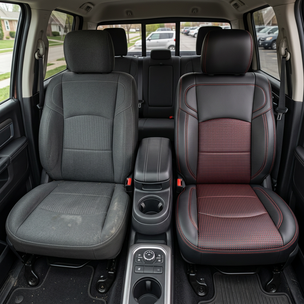 Before-and-after front in-cabin view of a 2019–2026 RAM 2500/3500 split down the middle: left shows the factory gray cloth front seat, while right shows the upgraded Leatherteck seat upholstery in black with square-perforated red center inserts, carbon fiber-style accent panels, and red contrast stitching, with the center console/cupholders and rear bench seat visible in the background.

