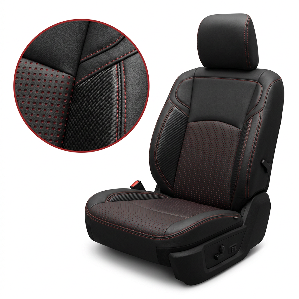Close-up product image of a 2019–2026 RAM 2500/3500 Leatherteck leather seat upholstery kit in black with square-perforated red inserts, carbon fiber-style accent panels, and red contrast stitching, shown on a white background with a circular zoom inset highlighting the square perforation pattern, carbon fiber texture, and stitching detail.