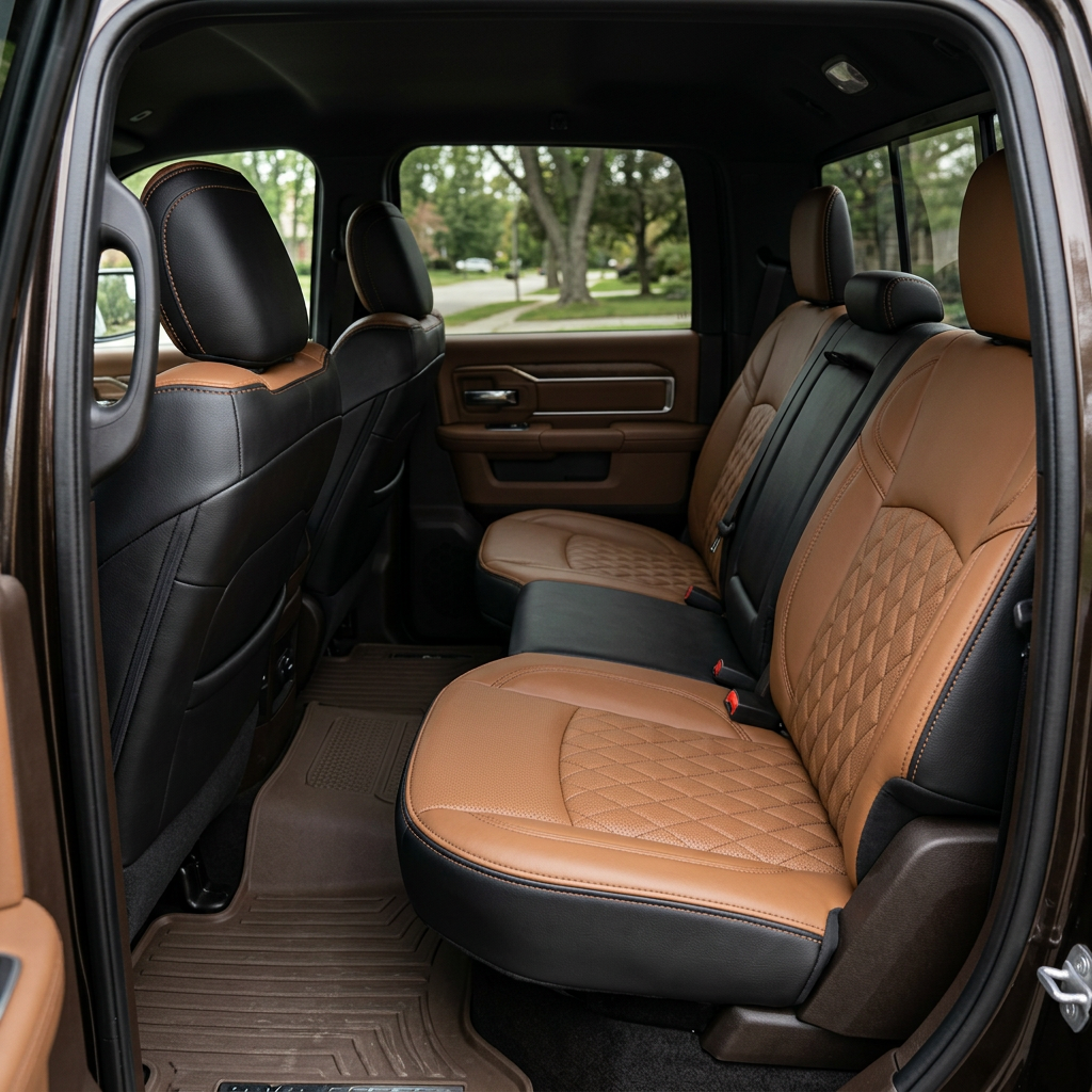 Rear in-cabin view of a 2019–2026 RAM 2500/3500 featuring a Leatherteck leather seat upholstery kit in black with teak brown panels, perforated diamond-pattern center inserts, and teak brown contrast stitching, shown through the open rear door with the rear bench seat, headrests, seatbelts/buckles, rear door panel, and all-weather floor liner visible.
