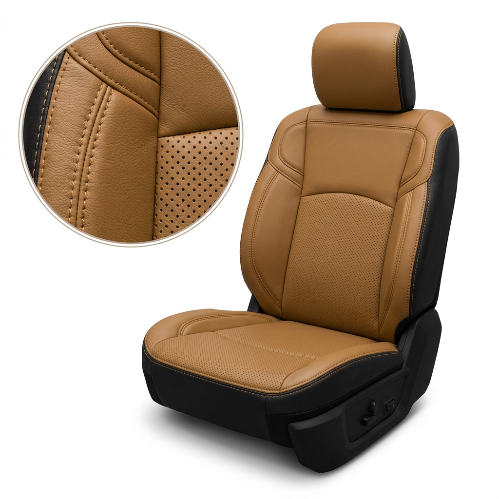 Close-up product image of a 2019–2026 RAM 2500/3500 Leatherteck leather seat upholstery cover in black with teak panels, perforated center inserts, and teak contrast stitching, shown on a white background with a circular zoom inset highlighting the leather grain, perforation pattern, and double-stitched seam details.