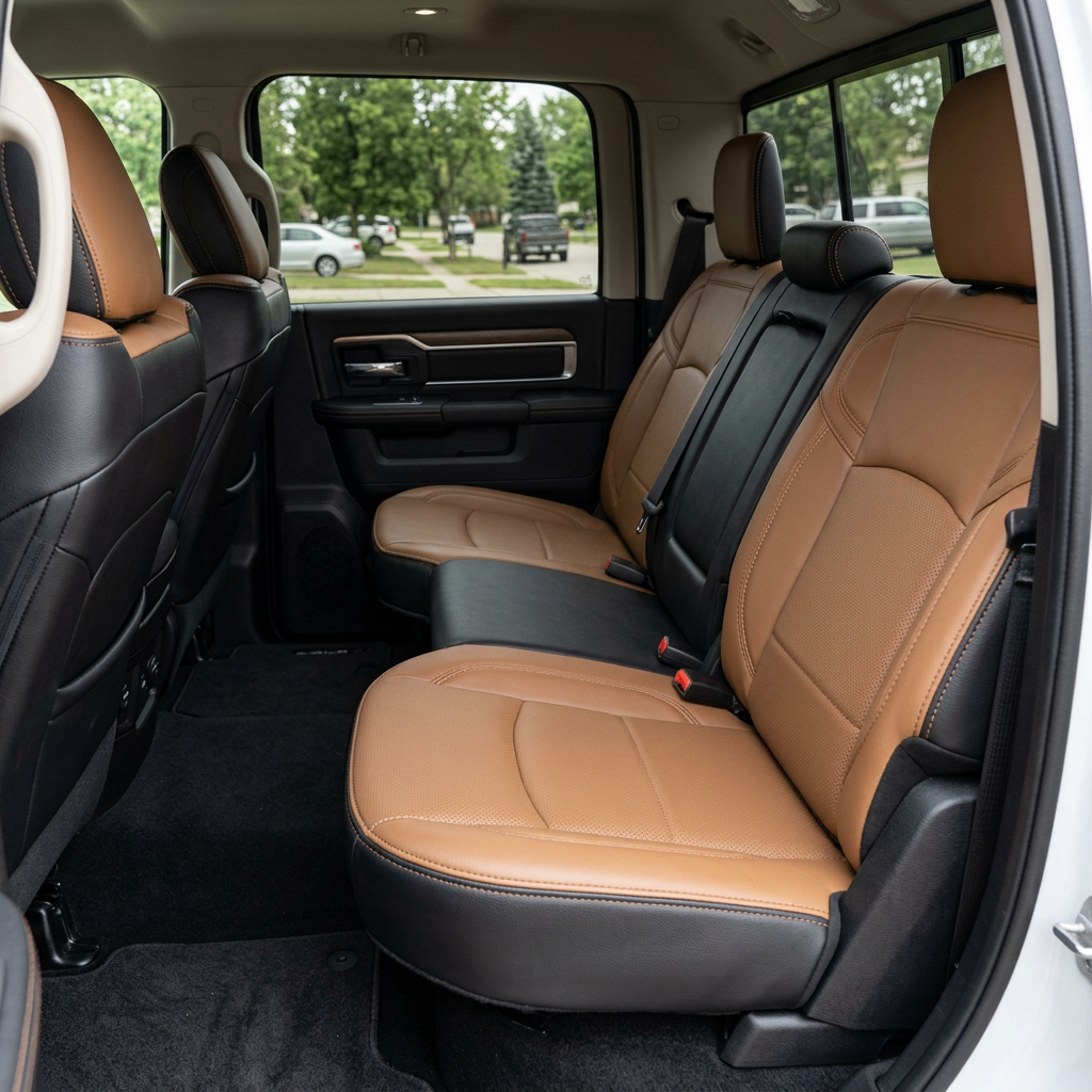 Rear in-cabin view of a 2019–2026 RAM 2500/3500 featuring a Leatherteck leather seat upholstery kit in black with teak panels, perforated inserts, and teak contrast stitching, showing the rear bench seat with fold-down center section, seatbelts, rear door panel, and black carpeting.

