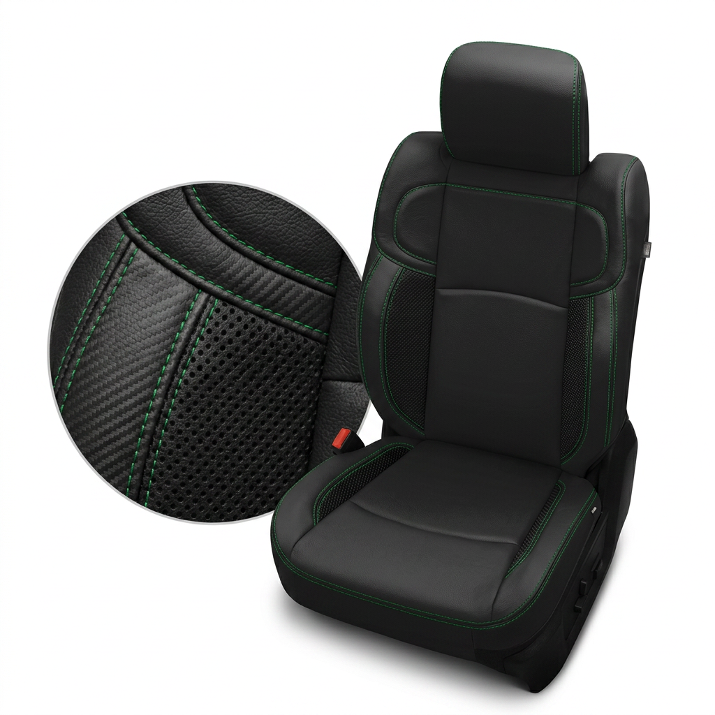 Close-up product image of a 2019–2026 RAM 2500 Leatherteck leather seat upholstery kit in black with carbon shadow vinyl accent panels and Remington green contrast stitching, shown on a white background with a circular zoom inset highlighting the carbon-texture accent, perforated insert, leather grain, and green-stitched seam.

