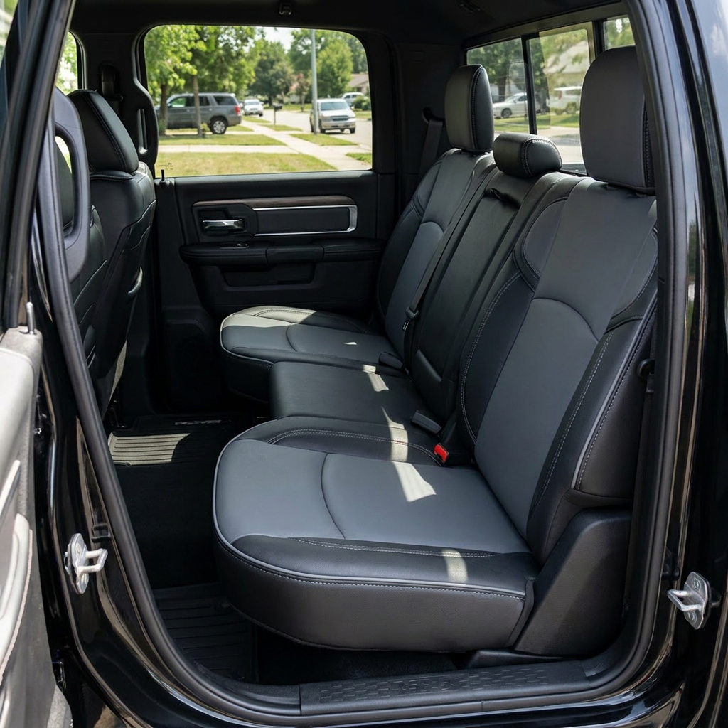 Rear in-cabin view of a 2019–2026 RAM 2500 showing the Leatherteck leather seat upholstery kit in black with lapis grey center inserts and a matching lapis grey headrest face, finished with lapis grey contrast stitching and lapis grey edge piping, photographed through the open rear door with the rear bench seat, headrests, seatbelts/buckles, rear door panel, and floor liner visible.

