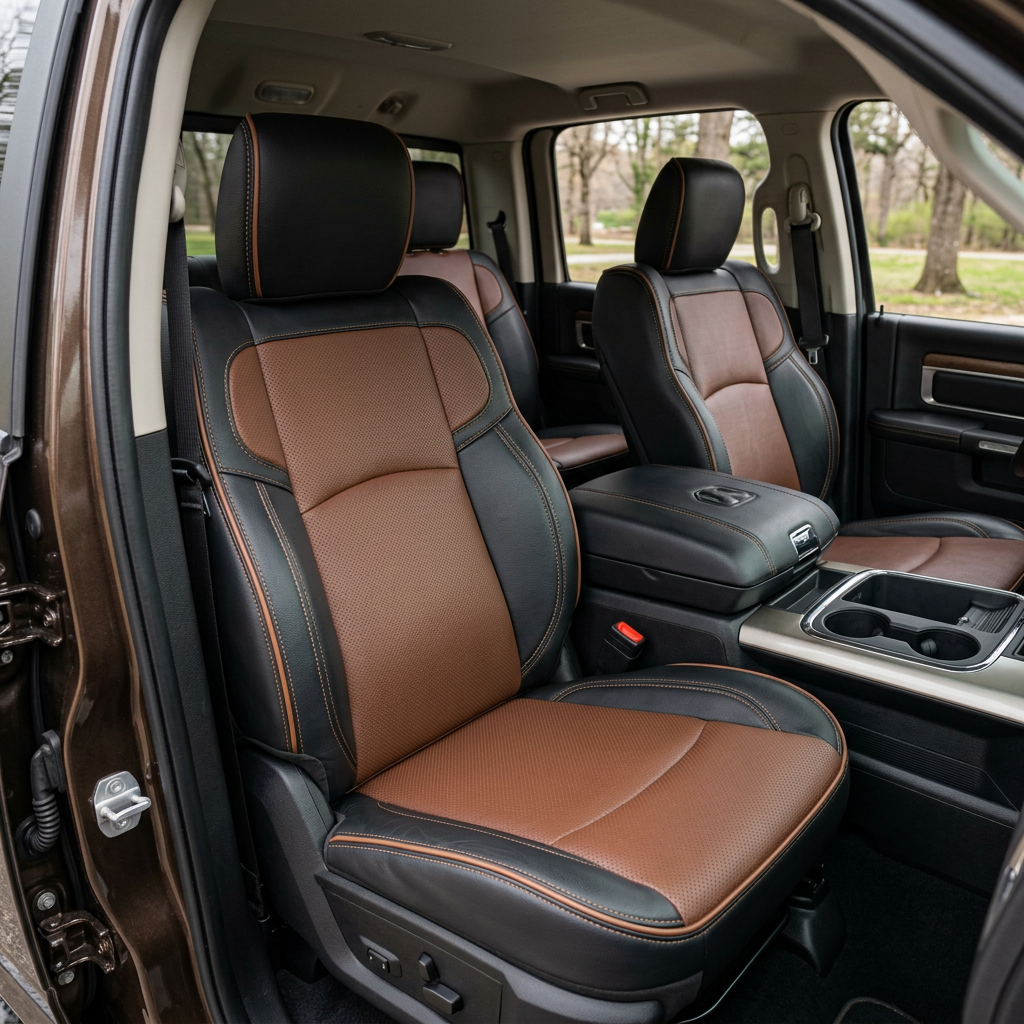 Front in-cabin view of a 2019–2026 RAM 2500 featuring a Leatherteck leather seat upholstery kit in black with mahogany brown perforated body inserts and tan brown contrast stitching, shown from the open driver-side door with the front bucket seats, headrests, and center console with cupholders visible.

