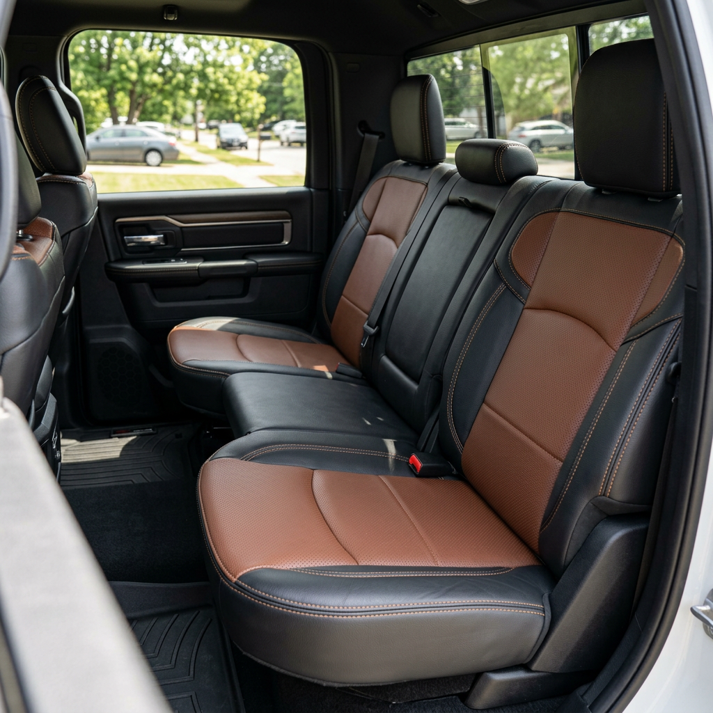 Rear in-cabin view of a 2019–2026 RAM 2500 featuring a Leatherteck leather seat upholstery kit in black with mahogany brown perforated body inserts and tan brown contrast stitching, shown through the open rear door with the rear bench seat, headrests, seatbelts/buckles, rear door panel, and all-weather floor liner visible.