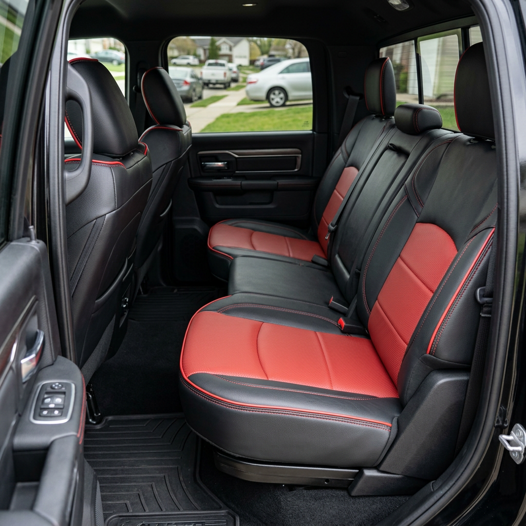 Rear in-cabin view of a 2019–2026 RAM 2500 featuring a Leatherteck leather seat upholstery kit in black with red perforated center inserts, red contrast stitching, and red edge piping, shown through the open rear door with the rear bench seat, three headrests, seatbelts/buckles, front seatbacks, rear door panel, and black all-weather floor liner visible.