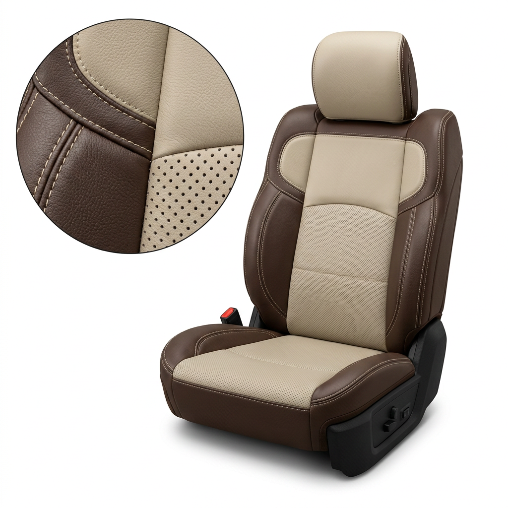Close-up product image of a 2019–2026 RAM 2500 Leatherteck leather seat upholstery kit in coffee brown with ivory center inserts and a matching ivory headrest face, featuring perforated combination inserts and ivory contrast stitching, shown on a white background with a circular zoom inset highlighting the leather grain, perforation pattern, and stitched seam detail.