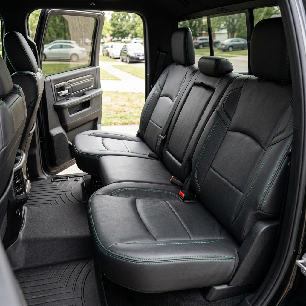 Rear in-cabin view of a 2019–2026 RAM 2500 featuring a Leatherteck leather seat upholstery kit in black with carbon shadow vinyl accent panels and Remington green contrast stitching, shown through the open rear door with the rear bench seat, three headrests, seatbelts/buckles, front seatbacks, rear door panel, and black all-weather floor liners visible.