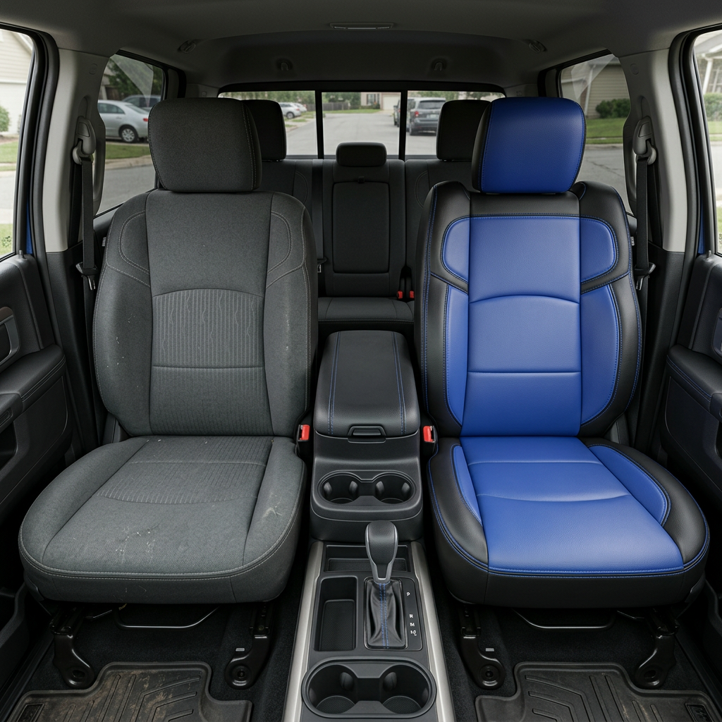  Before-and-after front in-cabin view of a 2019–2026 RAM 2500 split down the middle: the left front seat shows the factory dark gray cloth upholstery, while the right front seat shows the upgraded Leatherteck kit in black with cobalt blue center inserts and matching cobalt blue headrest face, cobalt blue accent panels, and royal blue contrast stitching, with the center console/cupholders and rear bench seat visible in the background.