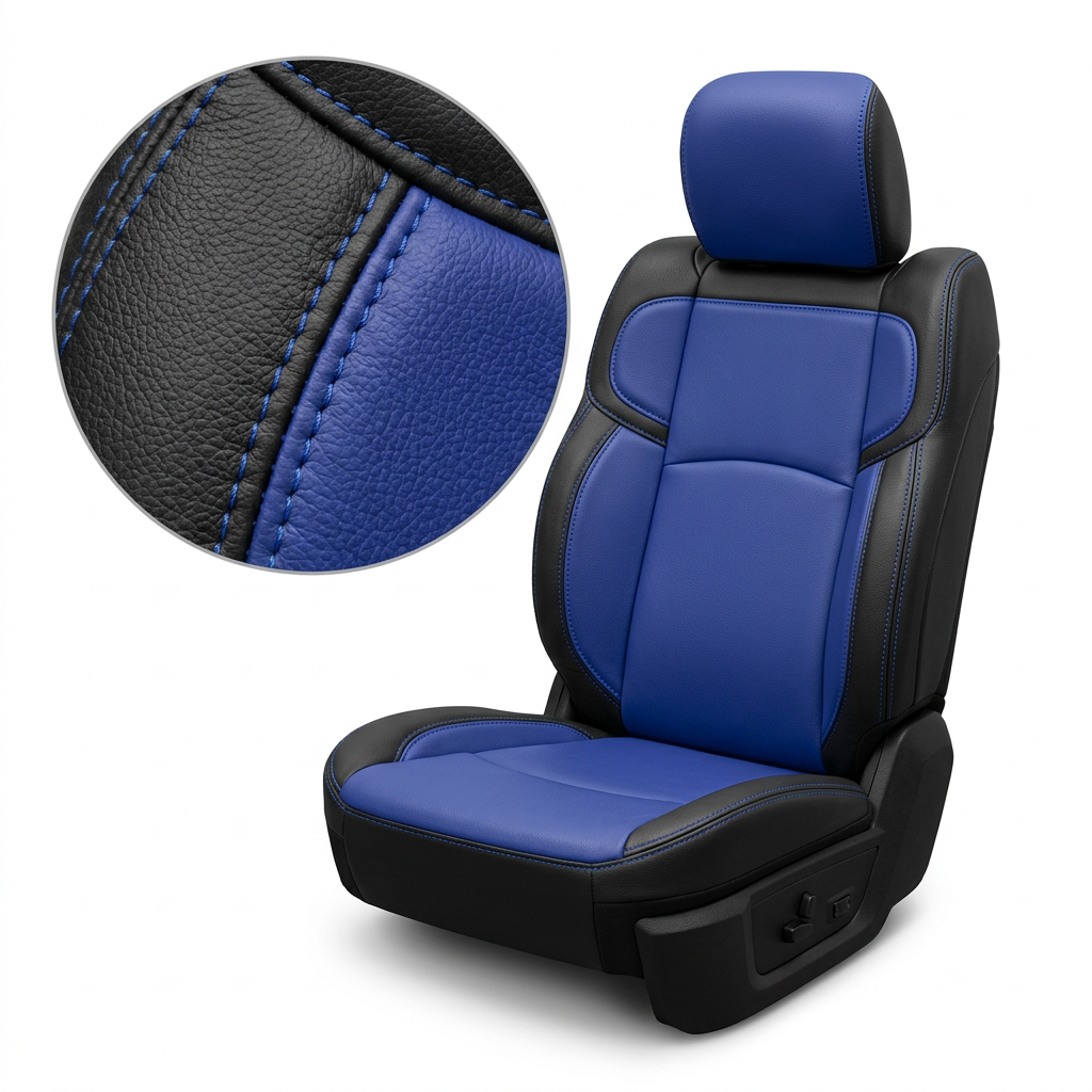  Close-up product image of a 2019–2026 RAM 2500 Leatherteck leather seat upholstery kit in black with cobalt blue center inserts and a matching cobalt blue headrest face, cobalt blue accent panels, and royal blue contrast stitching, shown on a white background with a circular zoom inset highlighting the leather grain, stitched seam, and blue stitching detail.