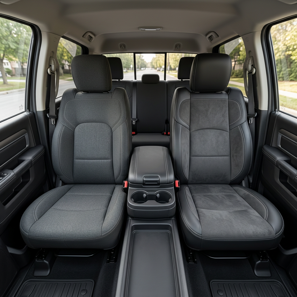 Before-and-after front in-cabin view of a 2019–2026 RAM 2500 split down the middle: the left shows the factory dark gray cloth driver seat, while the right shows the upgraded Leatherteck upholstery in black with dark gray automotive suede body inserts, dark gray automotive suede accent panels, and light gray contrast stitching, with the center console/cupholders and rear bench seat visible in the background.