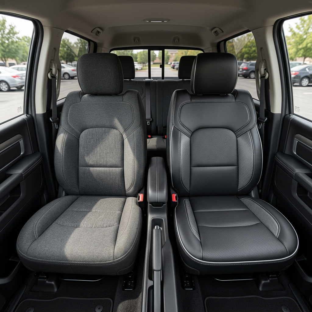 Before-and-after front in-cabin view of a 2019–2026 RAM 2500 split down the middle: the left front seat shows the factory gray cloth upholstery, while the right front seat shows the upgraded Leatherteck kit in black with gray carbon fiber-style accent panels, chrome contrast stitching, and chrome edge piping, with the center console/armrest and rear bench visible in the background.

