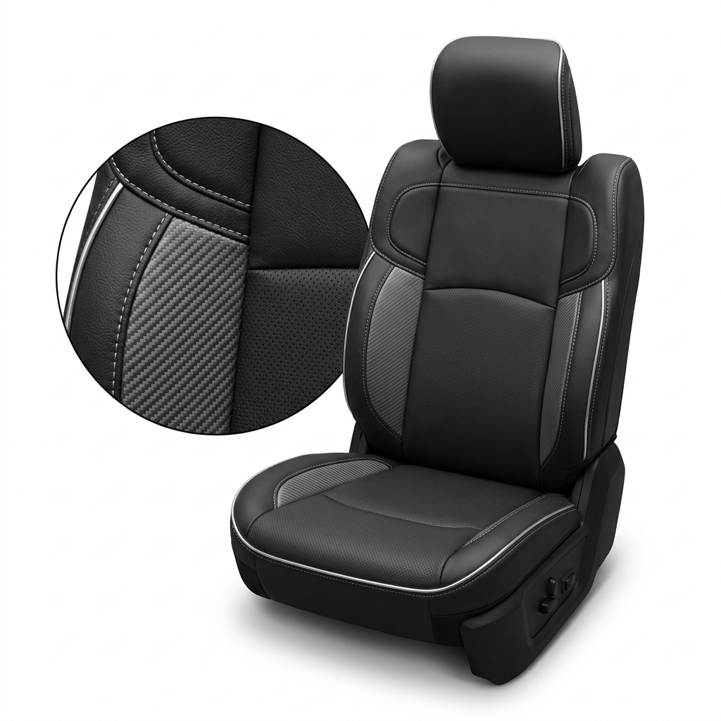 Close-up product image of a 2019–2026 RAM 2500 Leatherteck leather seat upholstery kit in black with gray carbon fiber-style accent panels, chrome contrast stitching, and chrome edge piping, shown on a white background with a circular zoom inset highlighting the carbon fiber-style texture, perforated black insert, leather grain, and stitched seam/piping detail.

