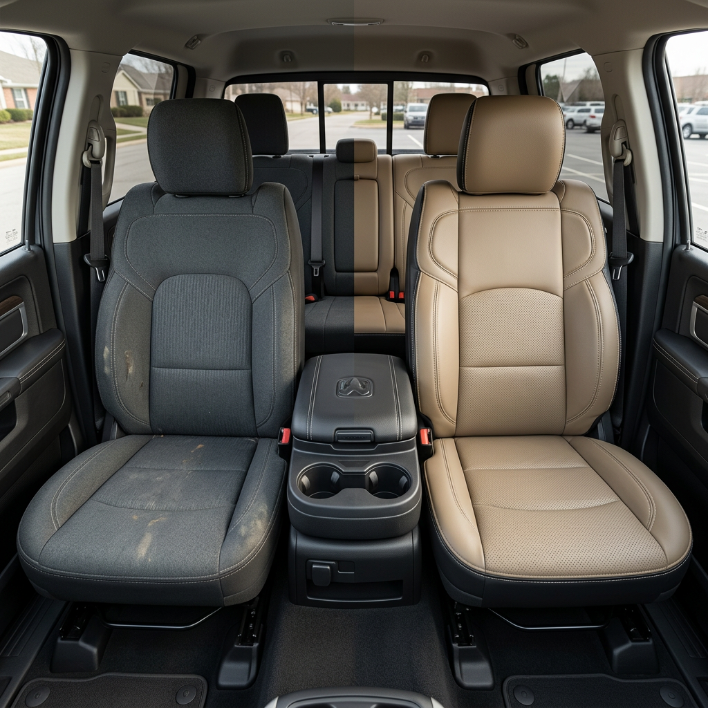  Before-and-after front in-cabin view of a 2019–2026 RAM 2500 split down the middle: the left shows the factory dark gray cloth driver seat, while the right shows the upgraded Leatherteck leather upholstery in black with ivory facing panels, perforated combination center inserts, and ivory contrast stitching, with the center console/cupholders and rear bench seat visible in the background.
