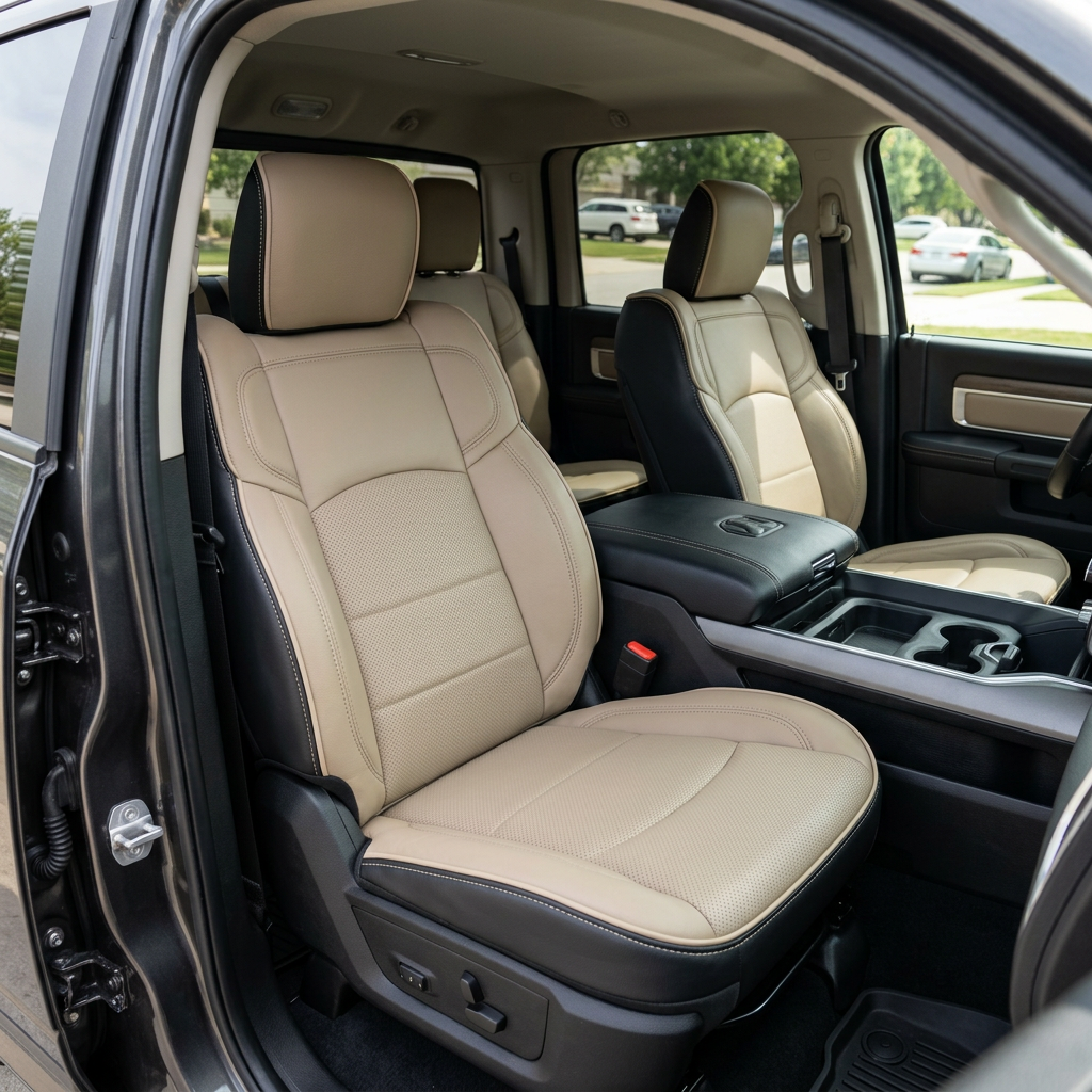 Front in-cabin view of a 2019–2026 RAM 2500 with a Leatherteck leather seat upholstery kit in black with ivory facing panels, perforated combination center inserts, and ivory contrast stitching, photographed from the open driver-side door with the front bucket seats, headrests, and center console/cupholders visible.

