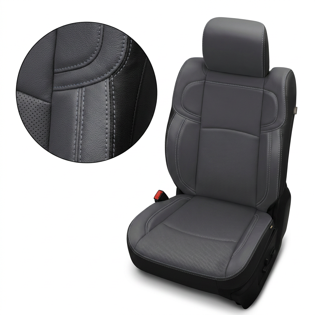 Close-up product image of a 2019–2026 RAM 2500 Leatherteck leather seat upholstery kit in black with lapis grey facing panels, perforated combination inserts, and lapis grey contrast stitching, shown on a white background with a circular zoom inset highlighting the leather grain, perforation pattern, and double-stitched seam detail.