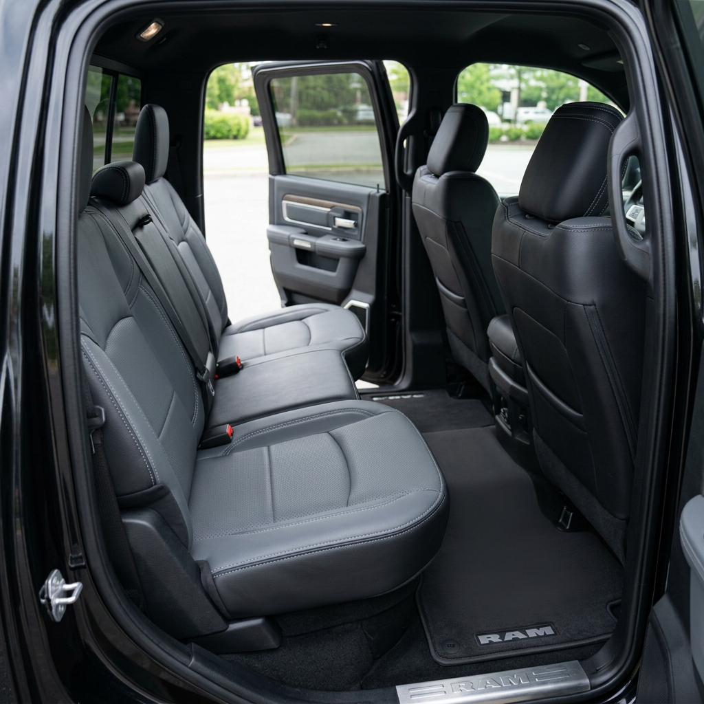  Rear in-cabin view of a 2019–2026 RAM 2500 showing the Leatherteck leather seat upholstery kit in black with lapis grey facing panels, perforated combination inserts, and lapis grey contrast stitching on the rear bench seat and headrests, photographed through the open rear door with seatbelts, rear door panel, and RAM floor mat visible.