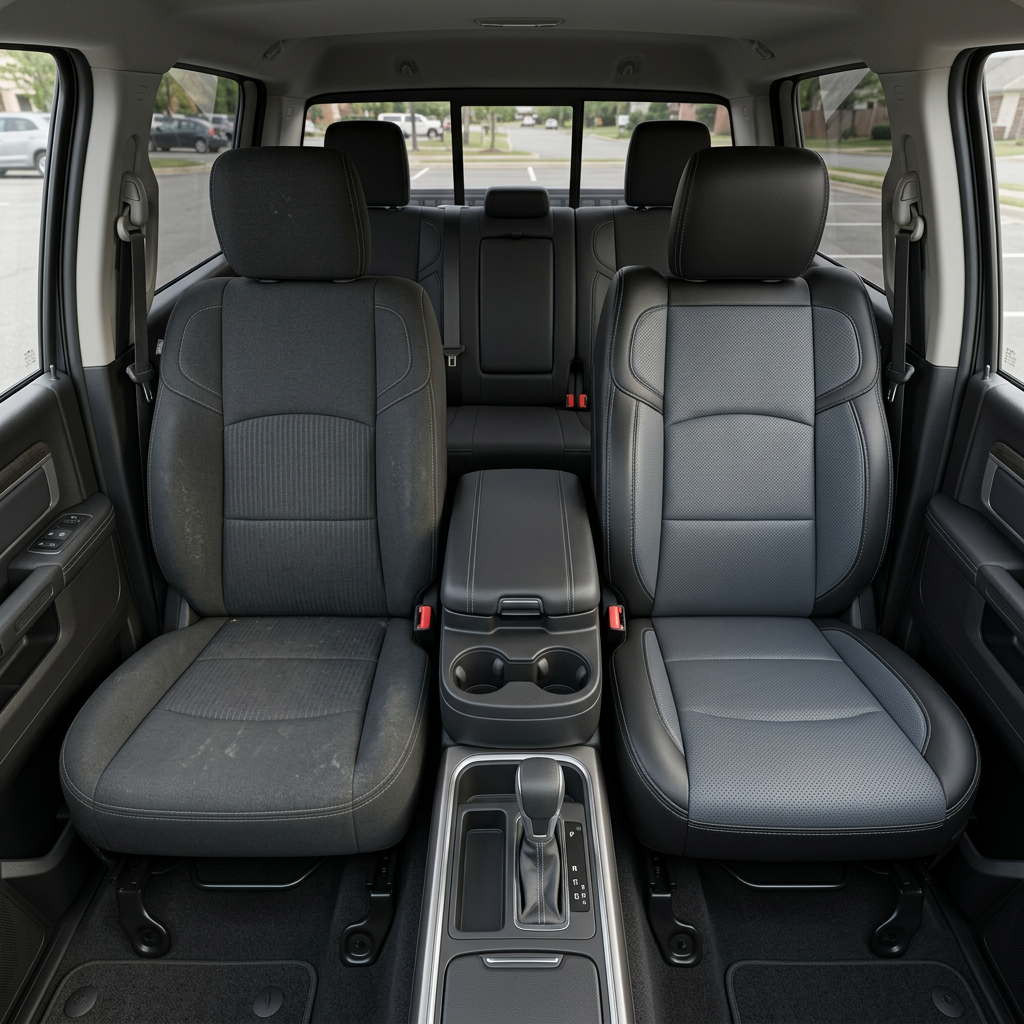 Before-and-after front in-cabin view of a 2019–2026 RAM 2500 split down the middle: the left front seat shows the factory gray cloth upholstery, while the right front seat shows the upgraded Leatherteck kit in black with lapis grey perforated body inserts, lapis grey perforated accent panels, and lapis grey contrast stitching, with the center console/cupholders and rear bench seat visible.
