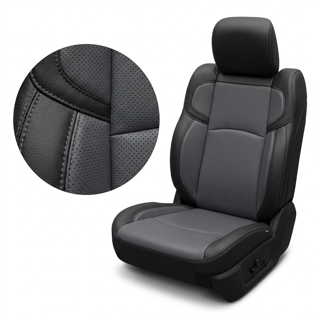  Close-up product image of a 2019–2026 RAM 2500 Leatherteck leather seat upholstery kit in black with lapis grey perforated body inserts, lapis grey perforated accent panels, and lapis grey contrast stitching, shown on a white background with a circular zoom inset highlighting the leather grain, perforation pattern, and stitched seam detail.

