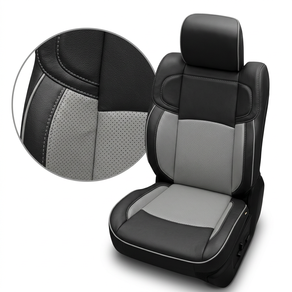 Close-up product image of a 2019–2026 RAM 2500 Leatherteck leather seat upholstery kit in black with light gray perforated center inserts, light gray perforated accent panels, light gray contrast stitching, and light gray edge piping, shown on a white background with a circular zoom inset highlighting the perforation pattern, leather grain, and stitched seam/piping detail.