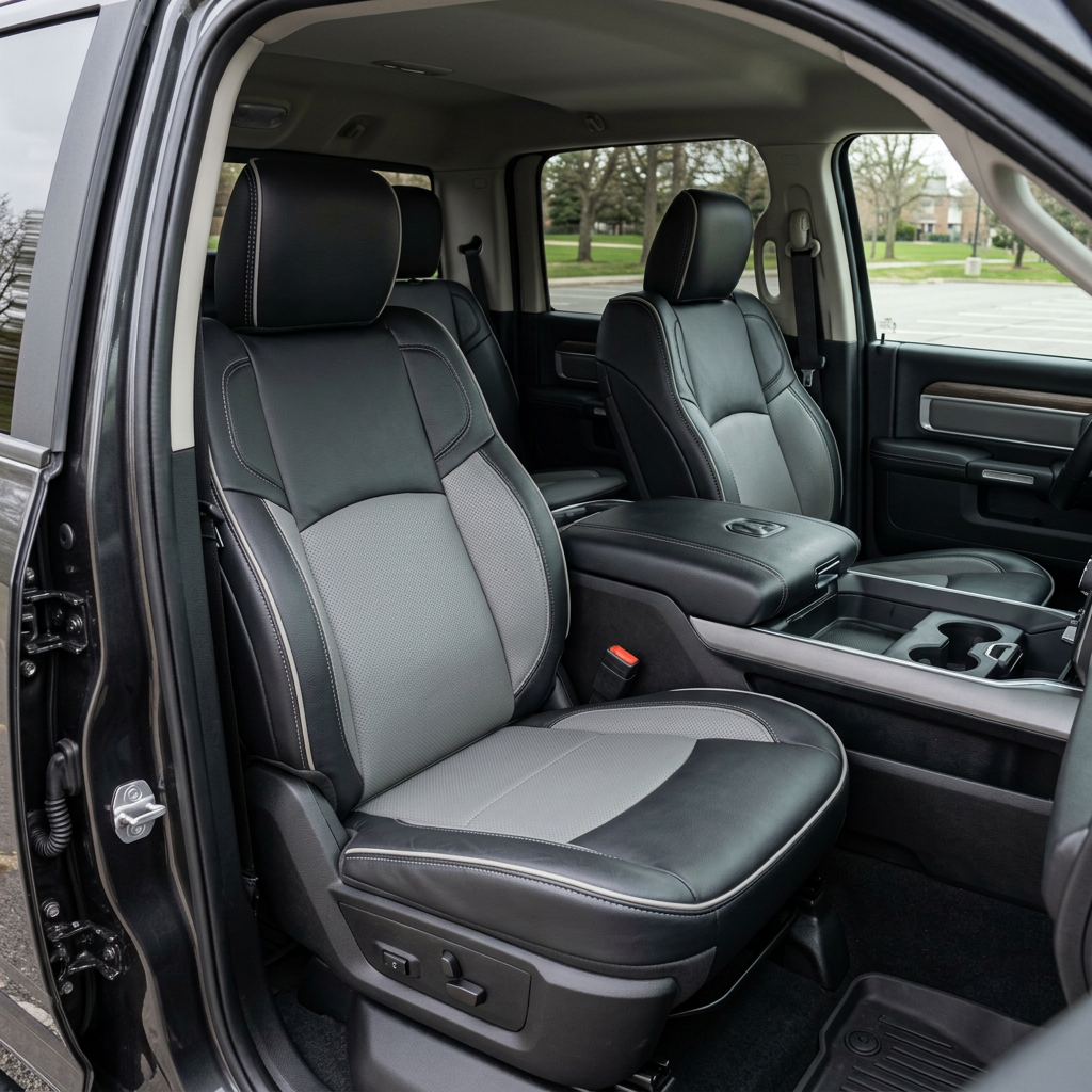  Front in-cabin view of a 2019–2026 RAM 2500 featuring a Leatherteck leather seat upholstery kit in black with light gray perforated center inserts, light gray perforated accent panels, light gray contrast stitching, and light gray edge piping, shown from the open driver-side door with the front bucket seats, center console/armrest, cupholders, door panel trim, and floor liner visible.
