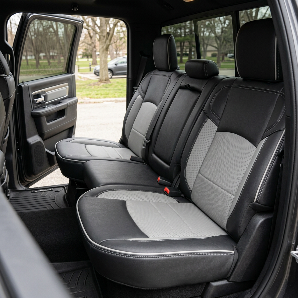 Rear in-cabin view of a 2019–2026 RAM 2500 showing a Leatherteck leather seat upholstery kit in black with light gray perforated center inserts, light gray perforated accent panels, light gray contrast stitching, and light gray edge piping, photographed through the open rear door with the rear bench seat, headrests, seatbelts/buckles, rear door panel, and black floor liner visible.