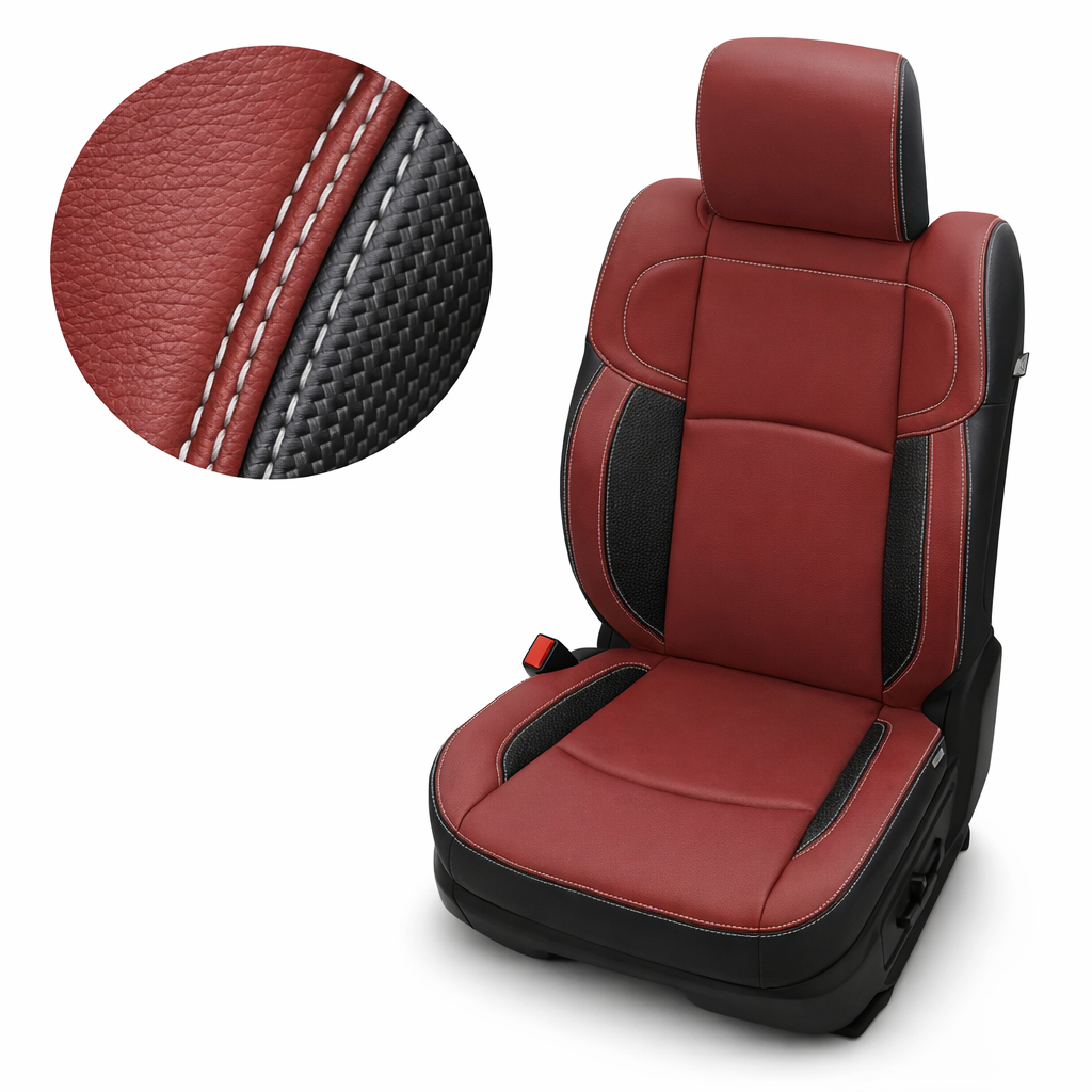  Close-up product image of a 2019–2026 RAM 2500 Leatherteck leather seat upholstery kit in black with medium red facing panels, gray carbon fiber-style accent panels, and silver contrast stitching, shown on a white background with a circular zoom inset highlighting the leather grain, carbon fiber-style texture, and stitched seam detail.