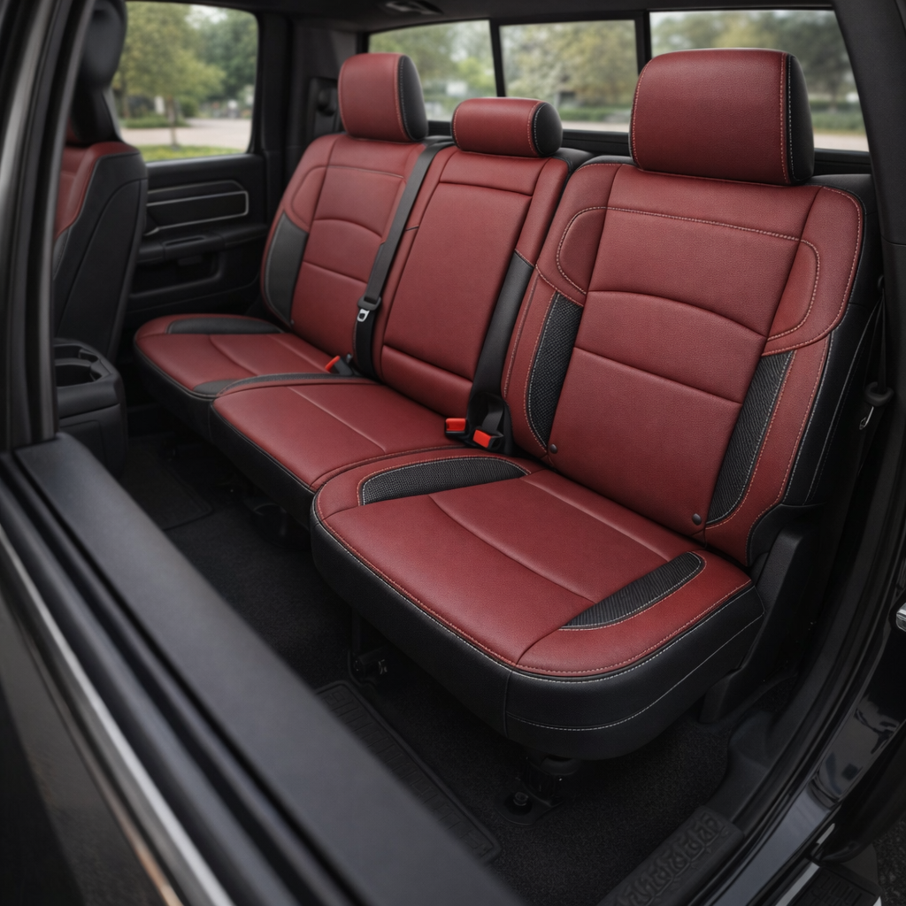 Rear in-cabin view of a 2019–2026 RAM 2500 showing a Leatherteck leather seat upholstery kit in black with medium red facing panels, gray carbon fiber-style accent panels, and silver contrast stitching, photographed through the open rear door with the rear bench seat, three headrests, seatbelts/buckles, rear door panel, and black floor mat/liner visible.

