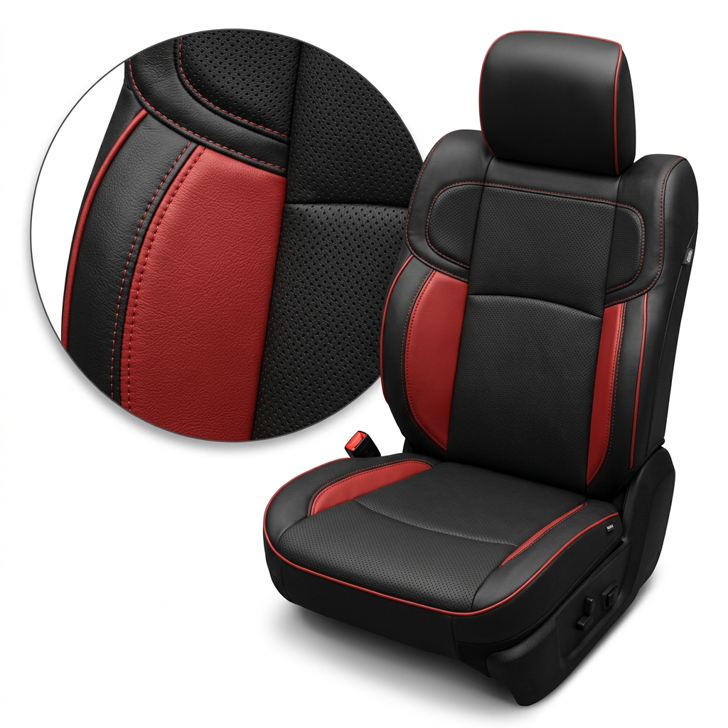 Close-up product image of a 2019–2026 RAM 2500 Leatherteck leather seat upholstery kit in black with perforated body inserts, medium red accent panels, medium red contrast stitching, and medium red edge piping, shown on a white background with a circular zoom inset highlighting the perforation pattern, red accent leather, and stitched seam/piping detail.