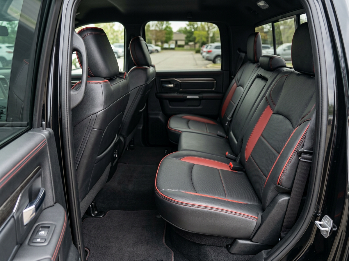  Rear in-cabin view of a 2019–2026 RAM 2500 showing a Leatherteck leather seat upholstery kit in black with perforated body inserts, medium red accent panels, medium red contrast stitching, and medium red edge piping, photographed through the open rear door with the rear bench seat, headrests, seatbelts/buckles, rear door panel, and RAM-branded floor liner visible.


