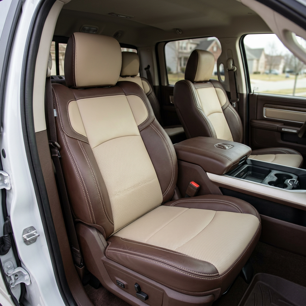 Front in-cabin view of a 2019–2026 RAM 2500 featuring a Leatherteck leather seat upholstery kit in coffee brown with ivory center inserts and a matching ivory headrest face, perforated combination inserts, and ivory contrast stitching, shown from the open driver-side door with the front bucket seats and center console/cupholders visible.