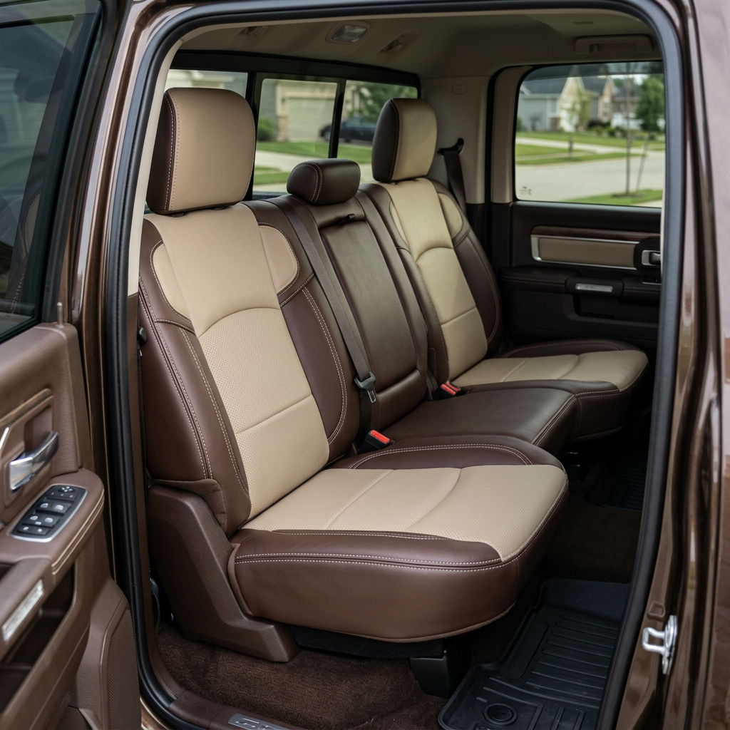  Rear in-cabin view of a 2019–2026 RAM 2500 showing the Leatherteck leather seat upholstery kit in coffee brown with ivory center inserts and a matching ivory headrest face, perforated combination inserts, and ivory contrast stitching across the rear bench seat and headrests, photographed through the open rear door with seatbelts, rear door panel, and all-weather floor mat visible.