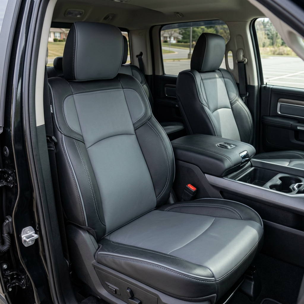  Front in-cabin view of a 2019–2026 RAM 2500 showing the Leatherteck leather seat upholstery kit in black with lapis grey center inserts and a matching lapis grey headrest face, finished with lapis grey contrast stitching and lapis grey edge piping, photographed from the open driver-side door with the front bucket seats and center console/cupholders visible.