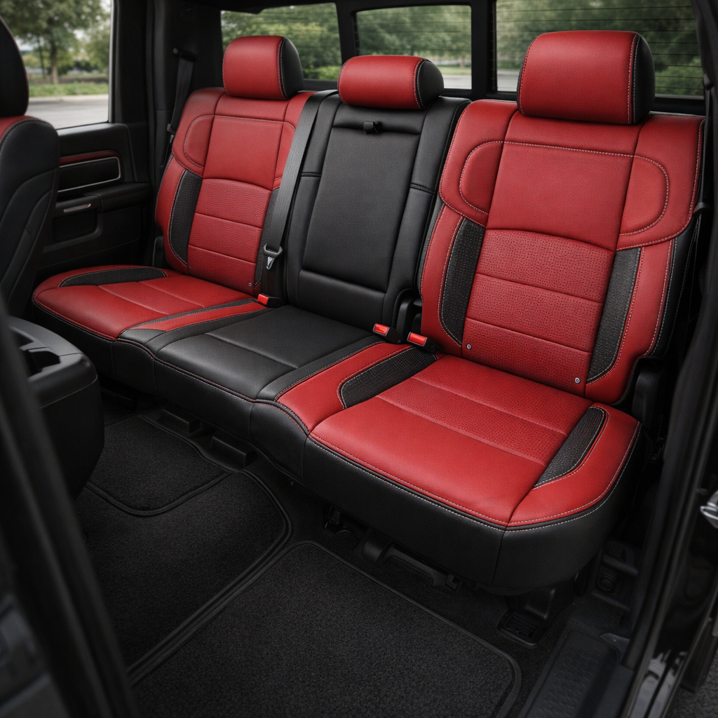  Rear in-cabin view of a 2019–2026 RAM 2500  Power Wagon  showing a Leatherteck leather seat upholstery kit in black with red facing panels, square-perforated red accent panels, and silver contrast stitching, photographed through the open rear door with the rear split bench seat, three headrests, seatbelts/buckles, rear door panel, and black floor mats visible.