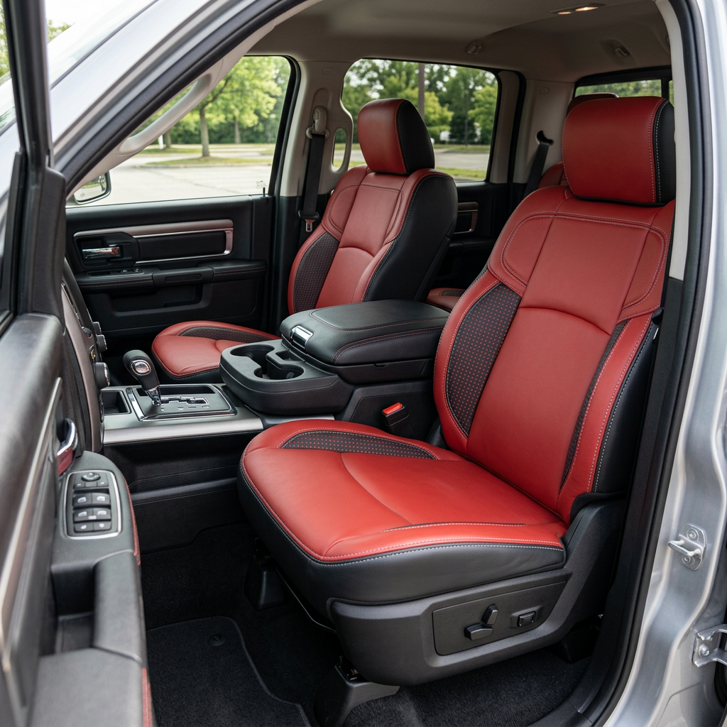  Front in-cabin view of a 2019–2026 RAM 2500  Power Wagon  with a Leatherteck leather seat upholstery kit in black with red facing panels, square-perforated red accent panels, and silver contrast stitching, shown from the open driver-side door with the front bucket seats, headrests, center console/armrest, cupholders, and shifter/center stack visible.

