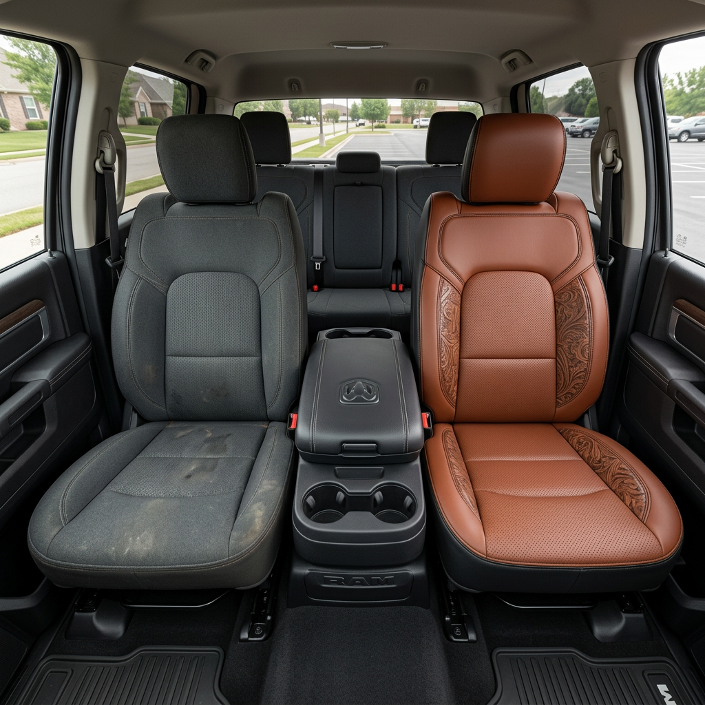  Before-and-after front in-cabin view of a 2019–2026 RAM DT 1500 split down the middle: left shows the factory gray cloth front seat, while right shows the upgraded Leatherteck leather upholstery in black with cognac brown facing panels, perforated combination center inserts, western floral saddle accent panels, and black stitching, with the center console and rear bench seat visible in the background.