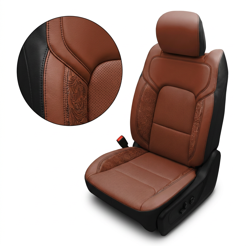  Close-up product image of a 2019–2026 RAM DT 1500 Leatherteck leather seat upholstery kit in black with cognac brown facing panels, featuring perforated combination center inserts, western floral saddle accent panels, and black stitching, shown on a white background with a circular zoom inset highlighting the embossed floral pattern, perforation, and stitched seam detail.

