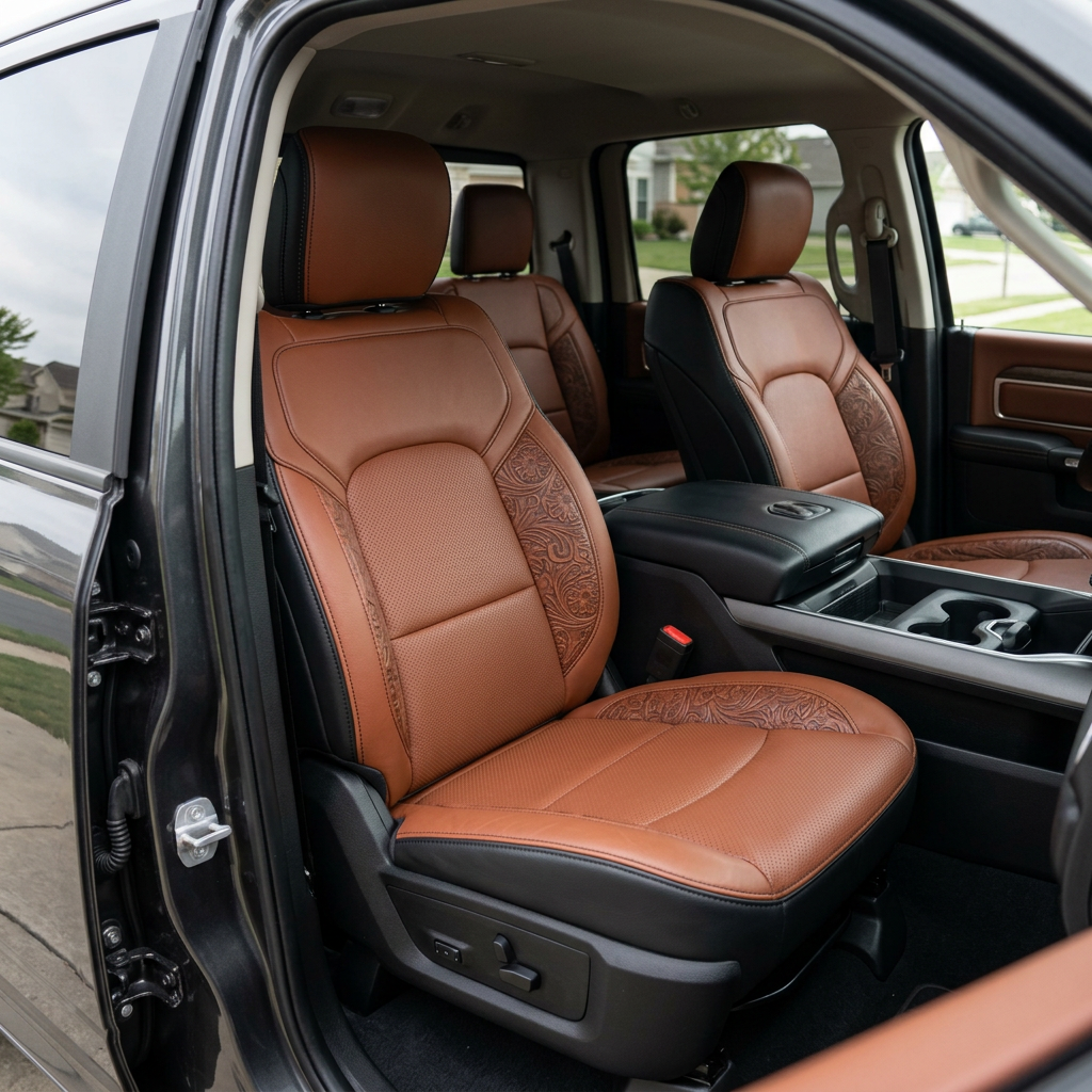 Front in-cabin view of a 2019–2026 RAM DT 1500 with an installed Leatherteck leather seat upholstery kit featuring black outer bolsters with cognac brown facing panels, perforated combination center inserts, western floral saddle accent panels on the seat sides, and black stitching, shown from the open driver-side door with the front bucket seats, headrests, and center console with cupholders visible.