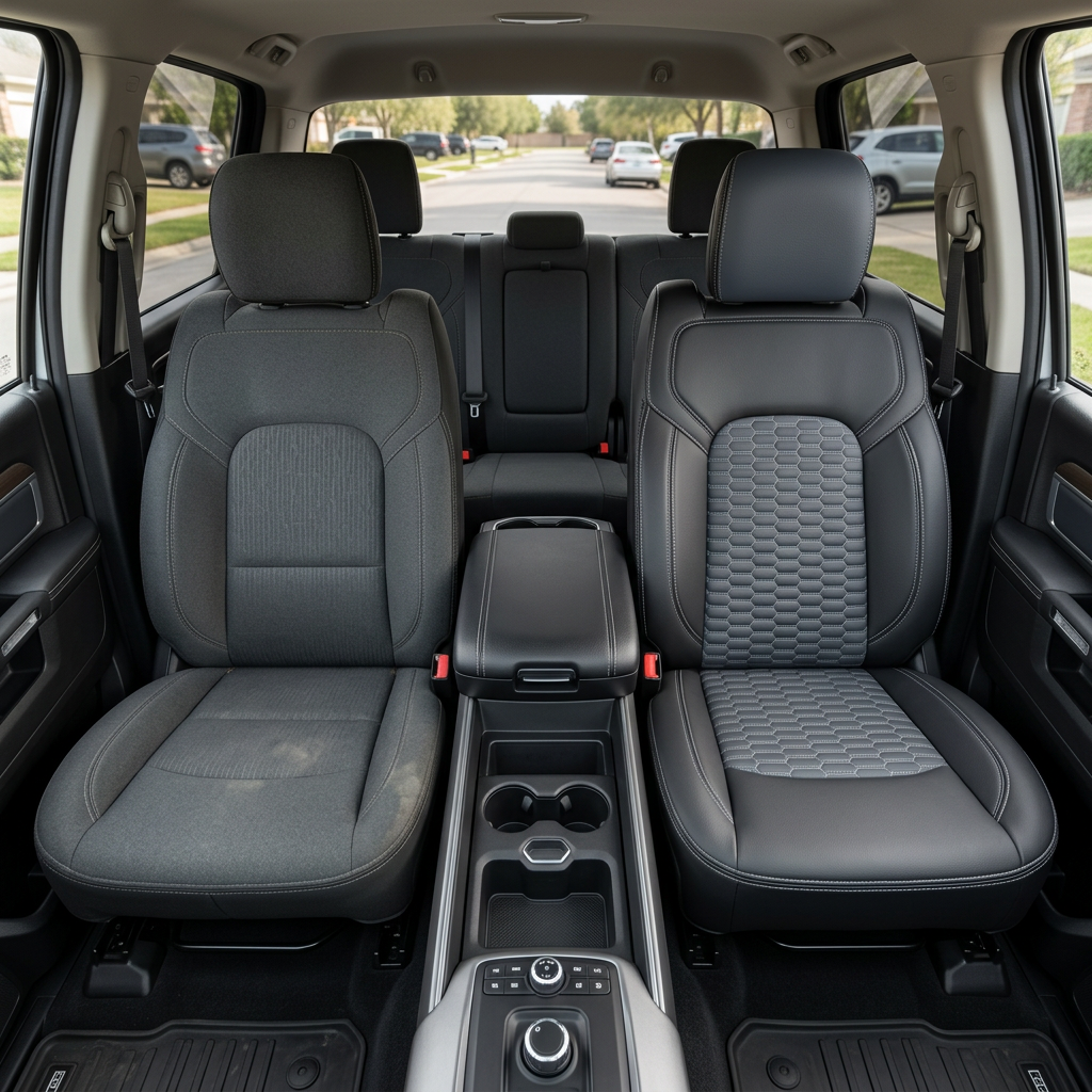Before-and-after front in-cabin view of a 2019–2026 RAM DT 1500 split down the middle: the left front seat shows the factory dark gray cloth upholstery, while the right front seat shows the upgraded Leatherteck leather kit in black with lapis grey center inserts and a matching lapis grey headrest face, silver contrast stitching, and silver double hexagon-stitched insert panels, with the center console/cupholders and rear bench seat visible in the background.