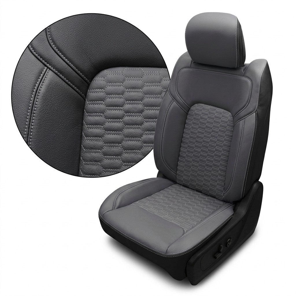  Close-up product image of a 2019–2026 RAM DT 1500 Leatherteck leather seat upholstery kit in black with lapis grey center inserts and a matching lapis grey headrest face, featuring silver contrast stitching and silver double hexagon‑stitched insert panels, shown on a white background with a circular zoom inset highlighting the leather grain, stitching, and hexagon pattern.

