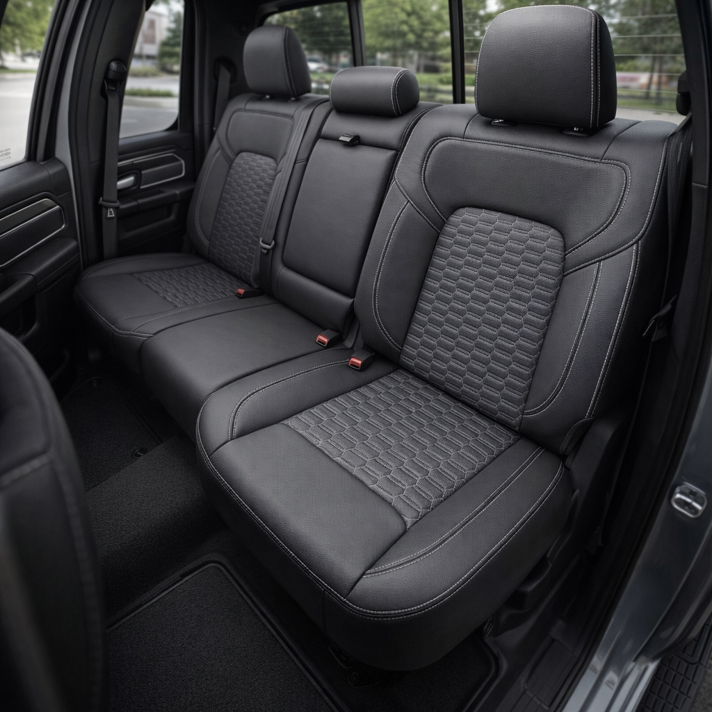 Rear in-cabin view of a 2019–2026 RAM DT 1500 featuring a Leatherteck leather seat upholstery kit in black with lapis grey center inserts and a matching lapis grey headrest face, finished with silver contrast stitching and silver double hexagon‑stitched insert panels, showing the rear bench seat, three headrests, seatbelts/buckles, rear door panel, and floor mat/liner.

