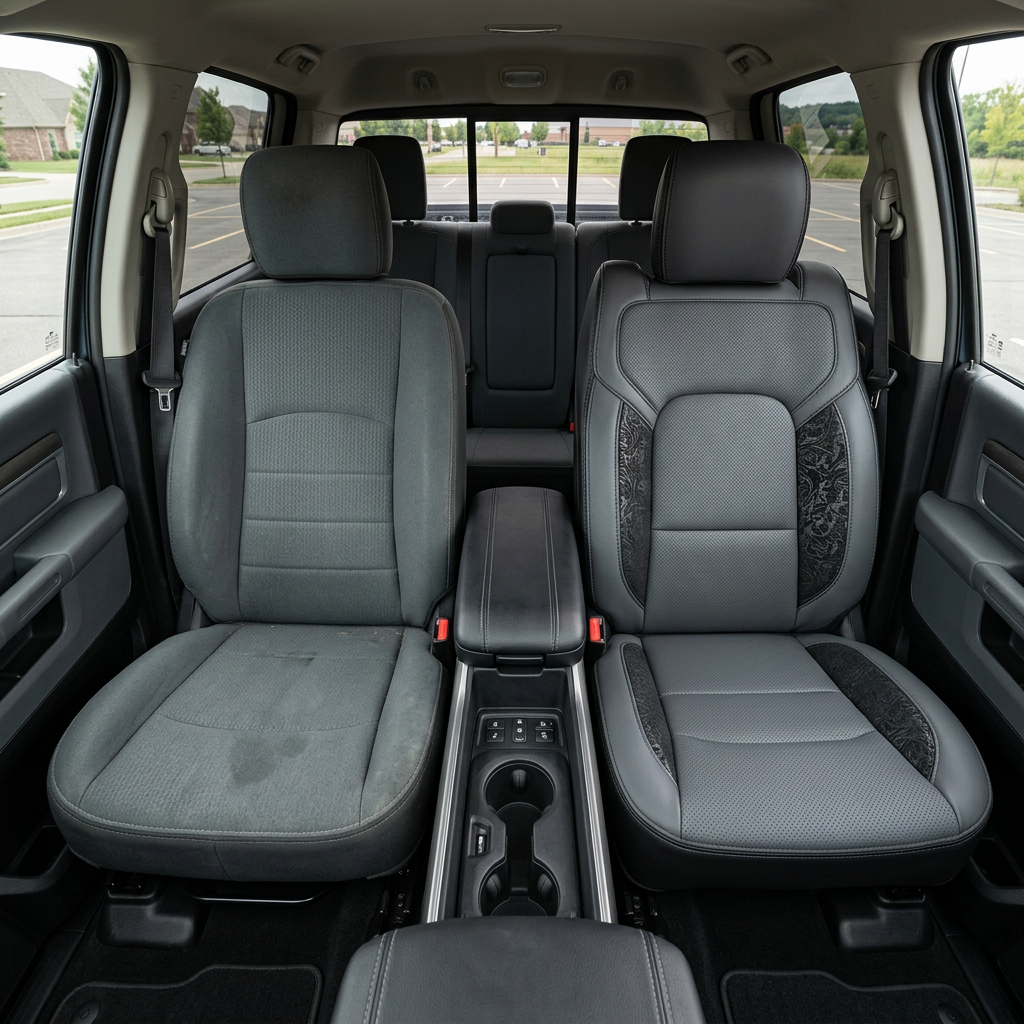 Before-and-after front in-cabin view of a 2019–2026 RAM DT 1500 split down the middle: left shows the factory gray cloth driver seat, while right shows the upgraded Leatherteck upholstery in black with lapis grey facing panels, perforated body inserts, Western floral black accent panels, and black contrast stitching, with the center console/cupholders and rear bench seat visible in the background.

