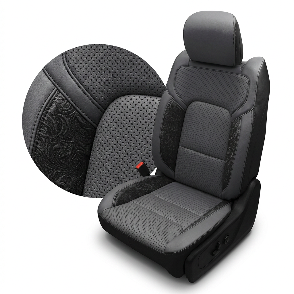 Close-up product image of a 2019–2026 RAM DT 1500 Leatherteck leather seat upholstery kit in black with lapis grey facing panels, perforated body inserts, Western floral black accent panels, and black contrast stitching, shown on a white background with a circular zoom inset highlighting the perforation pattern, embossed western floral texture, and stitched seam detail.