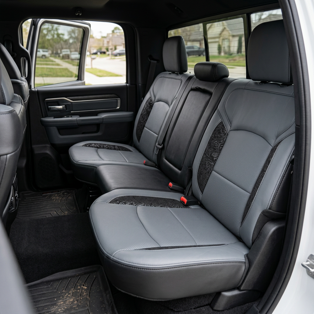 Rear in-cabin view of a 2019–2026 RAM DT 1500 showing the Leatherteck leather seat upholstery kit in black with lapis grey facing panels, perforated body inserts, Western floral black accent panels, and black contrast stitching, photographed through the open rear door with the rear bench seat, headrests, seatbelts/buckles, rear door panel, and floor liner visible.