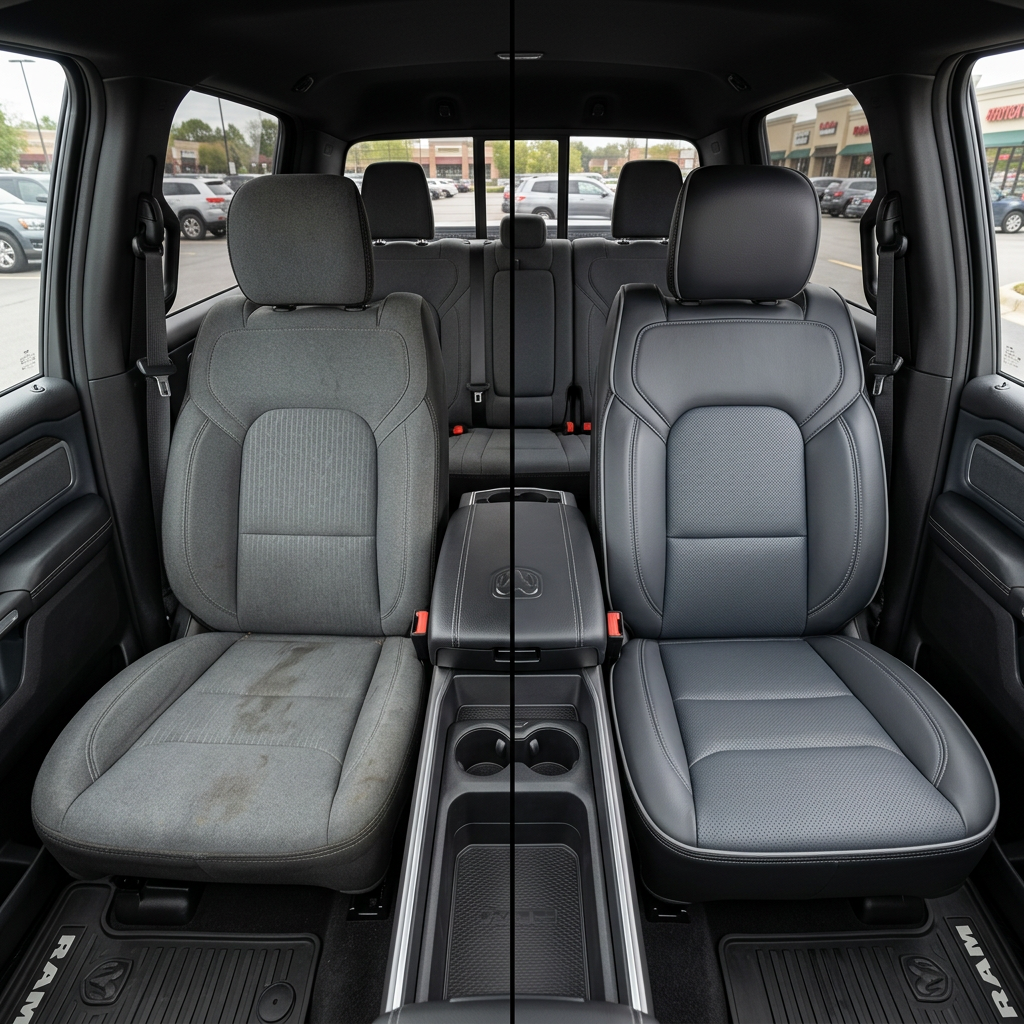 Before-and-after front in-cabin view of a 2019–2026 RAM DT 1500 split down the middle: the left front seat shows the factory gray cloth upholstery, while the right front seat shows the upgraded Leatherteck leather kit in black with lapis grey facing panels, perforated combination center inserts, and light gray contrast stitching, with the center console/cupholders and rear bench seat visible in the background.