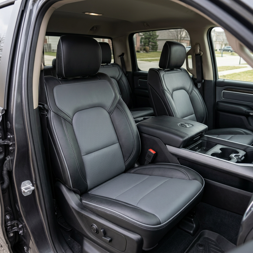  Front in-cabin view of a 2019–2026 RAM DT 1500 with an installed Leatherteck leather seat upholstery kit in black featuring lapis grey perforated body inserts, perforated combination center inserts, lapis grey contrast stitching, and lapis grey edge piping, photographed from the open driver-side door showing the front bucket seats, headrests, and center console/armrest with cupholders.