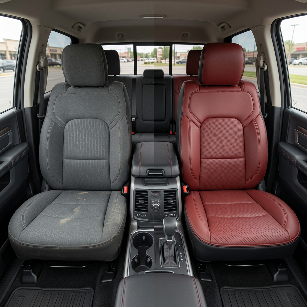 Before-and-after front in-cabin view of a 2019–2026 RAM DT 1500 split down the middle: left shows the factory gray cloth driver seat, while right shows the upgraded Leatherteck leather upholstery kit in black with medium red facing panels, perforated combination inserts, and medium red contrast stitching, with the center console, shifter, cupholders, and rear bench seat visible.